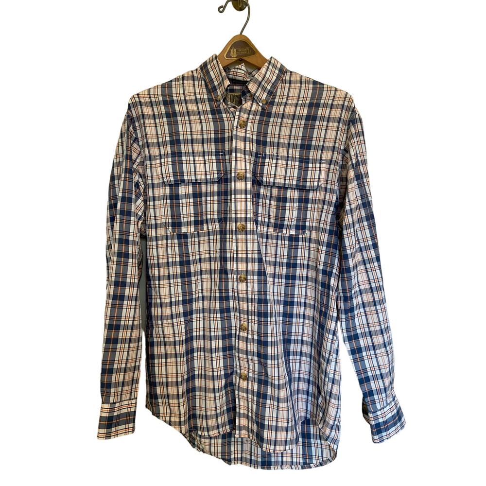 Duluth Trading Men's Size Small Plaid Long-Sleeve Button Down Shirt Blue Orange